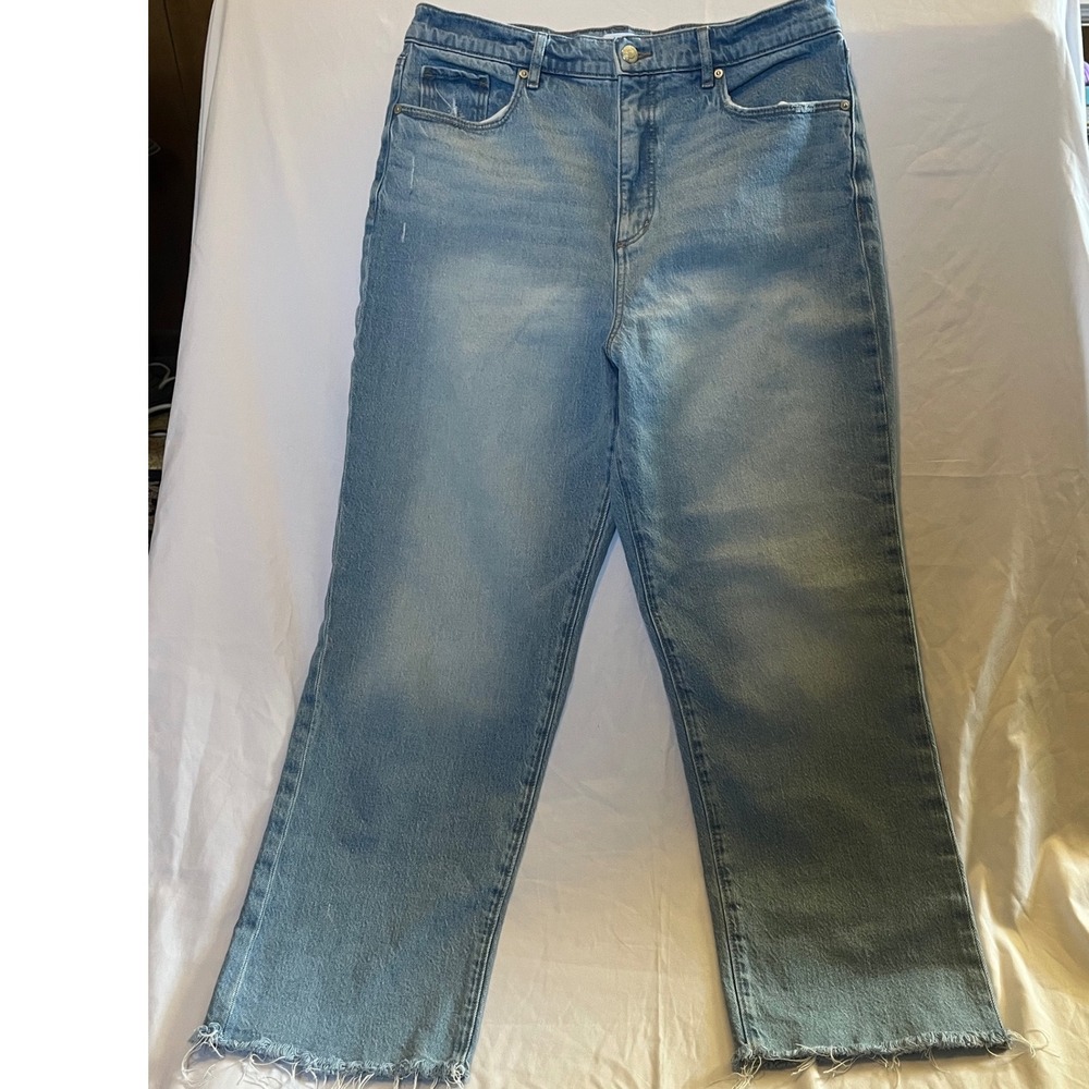 LOFT The Straight High Rise Jeans Light Wash Raw Hem Size 31 12 Blue Denim